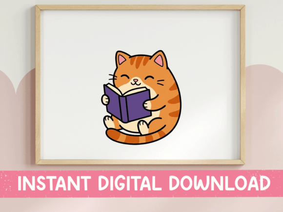 Cat Reading Book Kawaii Sticker Graphics for T-Shirt Designs
